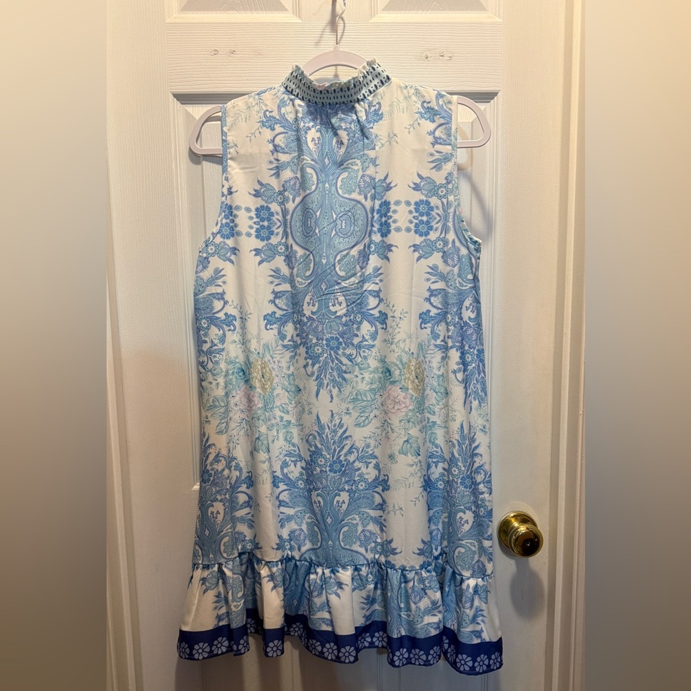 Blue and White Floral Sleeveless Dress